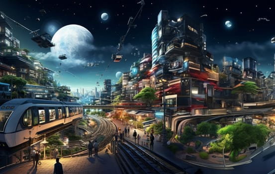 A representation of a futuristic city with modern trains, futuristic streets and cities.Generated image.