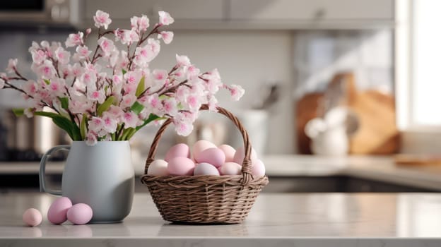 Colorful Easter Basket Filled with Festive Eggs, Painted Tulips, and a Happy Bunny on a Rustic Wooden Table with a Bright Springtime Background