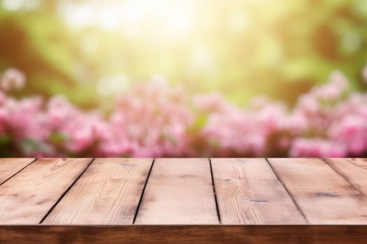 Empty Wood Table in a Sunny Garden: Vintage, Rustic, and Fresh