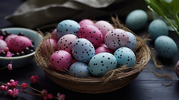 Colorful Easter Celebration: Vibrant Eggs, Rustic Basket, and Spring Beauty on Blue Wooden Background
