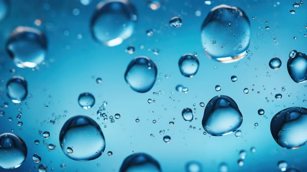 Refreshing Bliss: A Closeup Macro View of Clear Water Drops on Smooth Glass Surface, Creating a Calm and Clean Blue Ripple Pattern