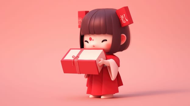 A little girl with Chinese New Year gift , Tiny cute isometric illustrator, AI Generative.