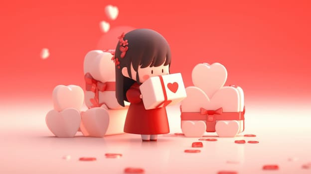 A little girl with Chinese New Year gift , Tiny cute isometric illustrator, AI Generative.