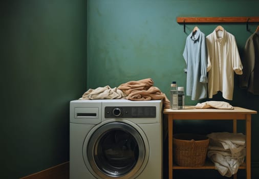 In a modern laundry setting, the washing machine stands ready amidst neatly arranged clothes, embodying efficiency and convenience as it awaits the commencement of a cycle, capturing the essence of contemporary fabric care in a domestic space.
