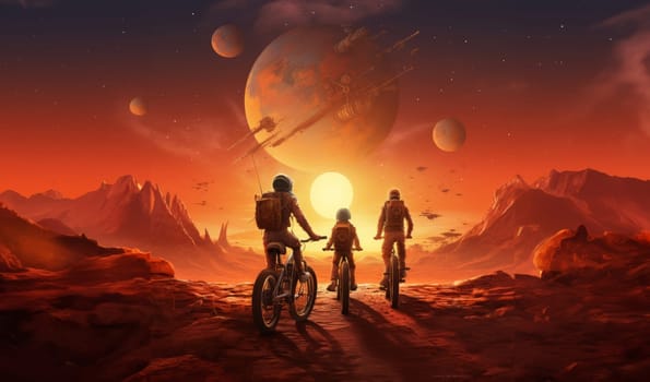 Dressed in astronaut suits, a family embarks on an otherworldly adventure, cycling across the lunar landscape, blending the joy of a cosmic bike ride with the whimsical charm of space exploration