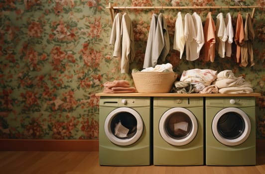 In a modern laundry setting, the washing machine stands ready amidst neatly arranged clothes, embodying efficiency and convenience as it awaits the commencement of a cycle, capturing the essence of contemporary fabric care in a domestic space.