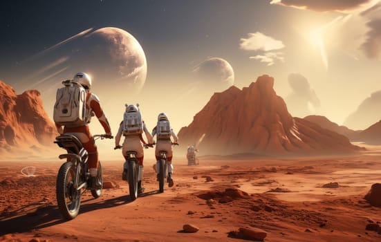 Dressed in astronaut suits, a family embarks on an otherworldly adventure, cycling across the lunar landscape, blending the joy of a cosmic bike ride with the whimsical charm of space exploration