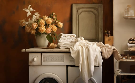 In a modern laundry setting, the washing machine stands ready amidst neatly arranged clothes, embodying efficiency and convenience as it awaits the commencement of a cycle, capturing the essence of contemporary fabric care in a domestic space.