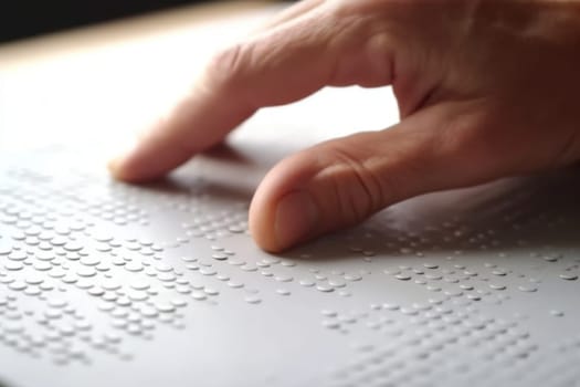 Hand of a blind person reading some braille text touching the relief.