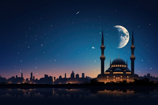 Silhouette of mosque at night moonlit sky stunning as the full moon.