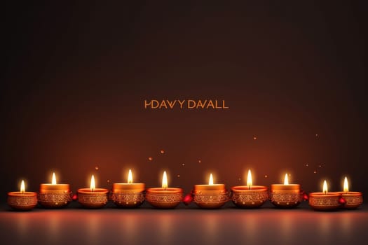 Happy Diwali poster or banner design with illuminated oil lamps on blurred lighting background.