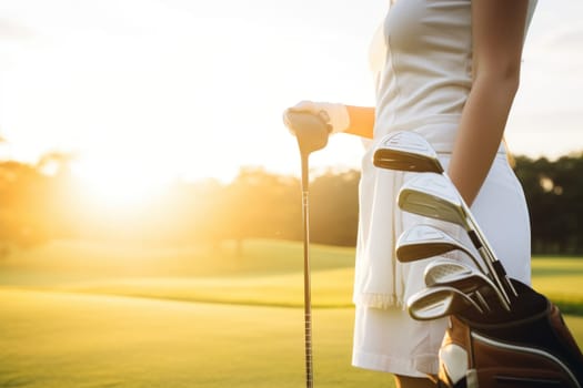 Golfer and Golf Stick Bag over green field background.