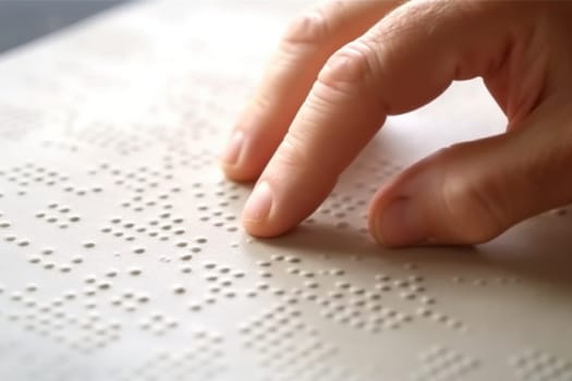 Hand of a blind person reading some braille text touching the relief.