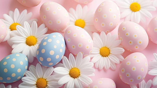 Easter holiday background with Easter eggs and daisy flowers, pastel color, AI Generative.