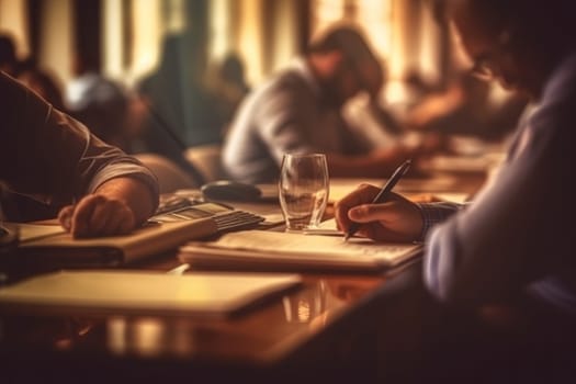 Blurred office interior space background with people working and meeting on desk, Business concept..