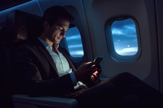 Portrait businessman sitting using smart phone inside airplane near the window, AI Generative.
