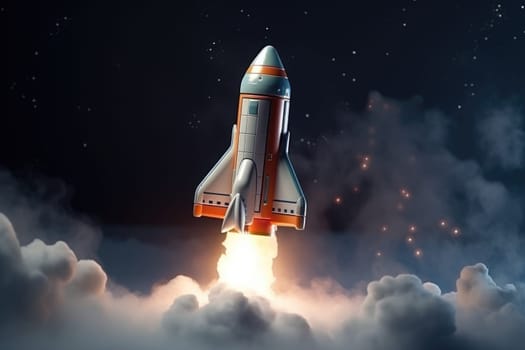 Space rocket toy which takes off in diagonal with smoke and clouds, 3D illustration, AI Generative.