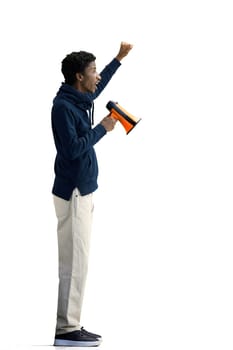 A man, full-length, on a white background, with megaphone.