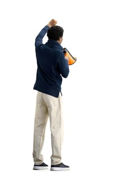 A man, full-length, on a white background, with megaphone.