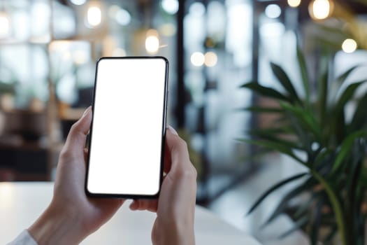 Mockup, woman's hand holding using mobile, mobile app design and advertising, white screen mockup.