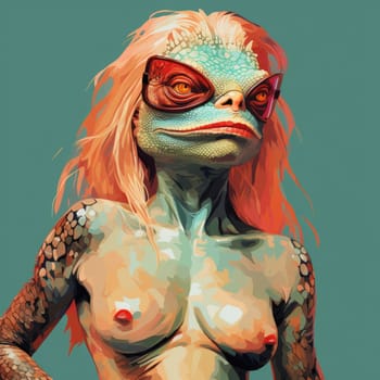 Portrait of a lizard woman.  Reptiloid humanoid. Reptiloid as a science fiction character or the concept of reptiloid conspiracy theory. Reptilian humanoid