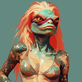 Portrait of a lizard woman.  Reptiloid humanoid. Reptiloid as a science fiction character or the concept of reptiloid conspiracy theory. Reptilian humanoid