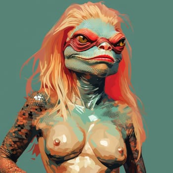 Portrait of a lizard woman.  Reptiloid humanoid. Reptiloid as a science fiction character or the concept of reptiloid conspiracy theory. Reptilian humanoid