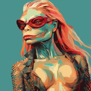 Portrait of a lizard woman.  Reptiloid humanoid. Reptiloid as a science fiction character or the concept of reptiloid conspiracy theory. Reptilian humanoid