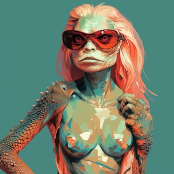 Portrait of a lizard woman.  Reptiloid humanoid. Reptiloid as a science fiction character or the concept of reptiloid conspiracy theory. Reptilian humanoid