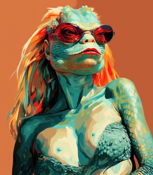 Portrait of a lizard woman.  Reptiloid humanoid. Reptiloid as a science fiction character or the concept of reptiloid conspiracy theory. Reptilian humanoid