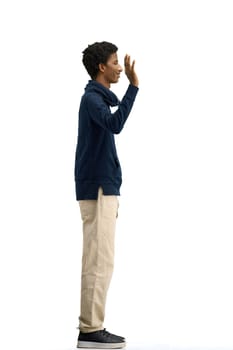 A man, full-length, on a white background, waving his hand.