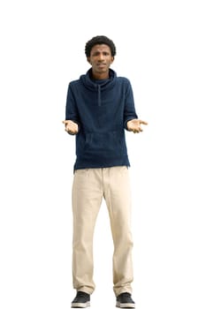 A man, full-length, on a white background, spreads his arms.