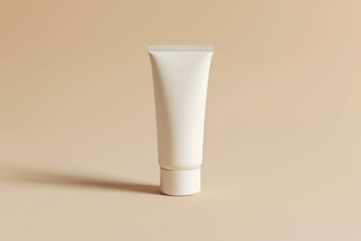 Mockup concept of a White cream tube standing on the cap on a beige background. Generative AI.