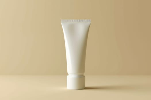 Mockup concept of a White cream tube standing on the cap on a beige background. Generative AI.