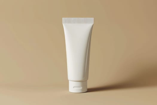 Mockup concept of a White cream tube standing on the cap on a beige background. Generative AI.