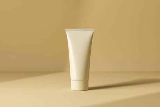 Mockup concept of a White cream tube standing on the cap on a beige background. Generative AI.