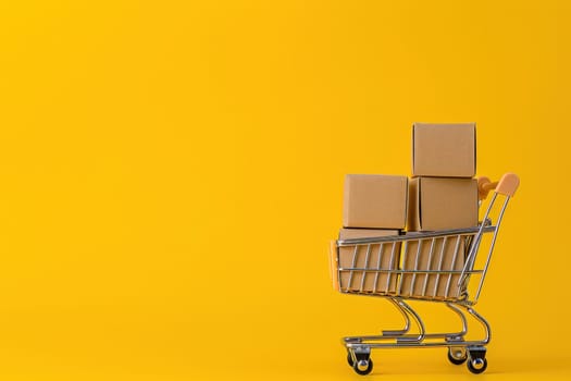 Shopping cart full of cardboard boxes on yellow background. Generative AI.