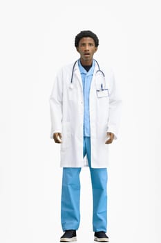 The doctor, in full height, on a white background, is shocked.