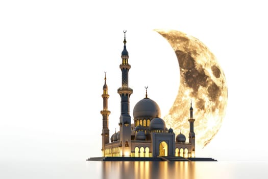 Ramadan Kareem decoration with moon and mosque only isolated on white background. Generative AI.