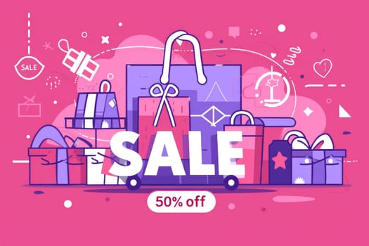 Flat illustrator, Sale 50 Off For Love Sale Banner Valentine Festival. Generative AI.