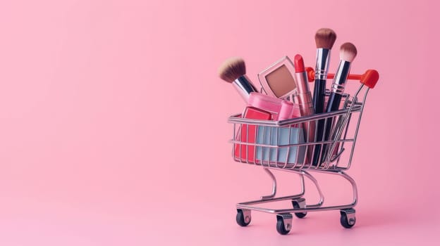 Creative concept with shopping trolley with makeup on a pink background. Generative AI.