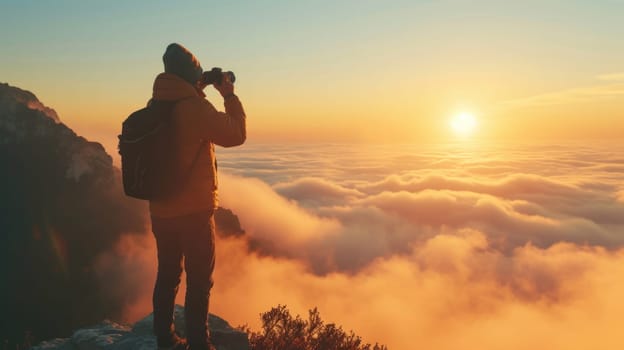 Sightseer with camera, beautiful sunrise mountain and sea of fog during golden hour. Generative AI.