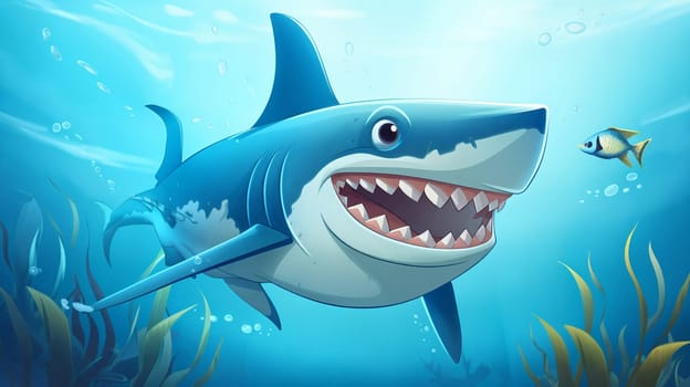 Cartoon shark playfully swims through the underwater world, its animated expression exuding both charm and curiosity. AI Generative