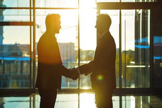 Handshake, Silhouettes of two businessmen shaking hands after the deal is done in office.