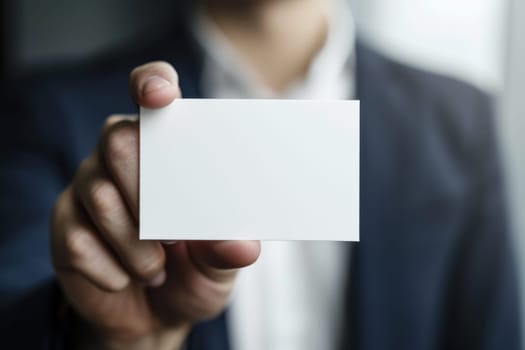 Male hand holding a blank business card. Generative AI.