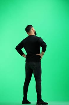 Man, full-length, on a green background, hands on hips.