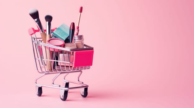 Creative concept with shopping trolley with makeup on a pink background. Generative AI.