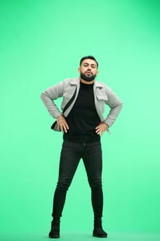Man, full-length, on a green background, hands on hips.