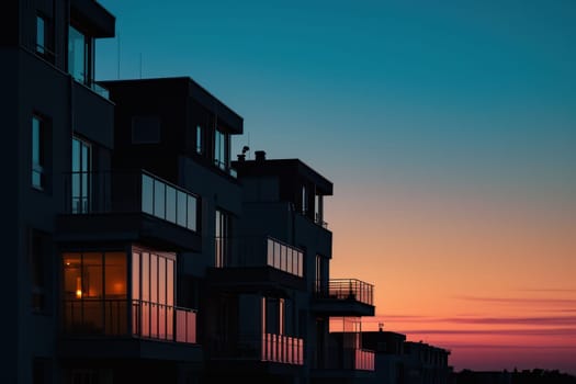 Silhouette of a sleek urban dwelling against the backdrop of a dusky sky. Generative AI.