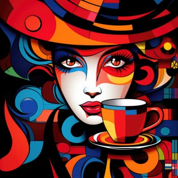 Woman with a cup of coffee in bright vector pop art style. Template for advertising cafe, coffee, etc.